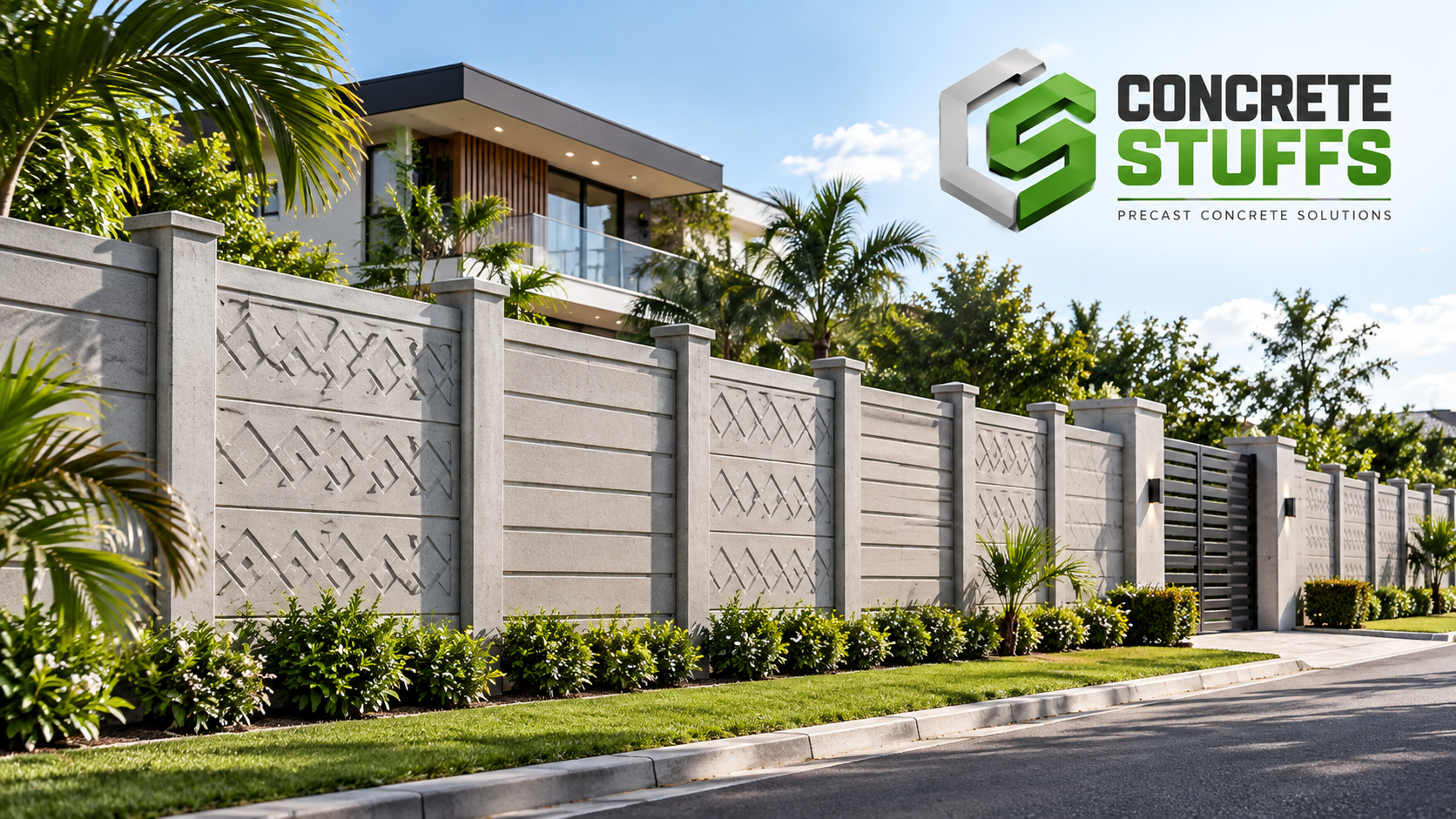 Decorative precast concrete fence outside a modern home